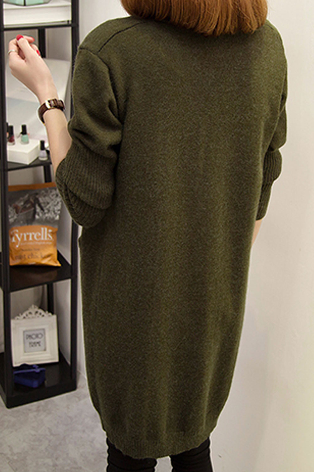 Women Knitted Relax Fit Styled Solid Colored V-Neck Flap Pocket Mid Length Front Open Winter Warm Cardigan