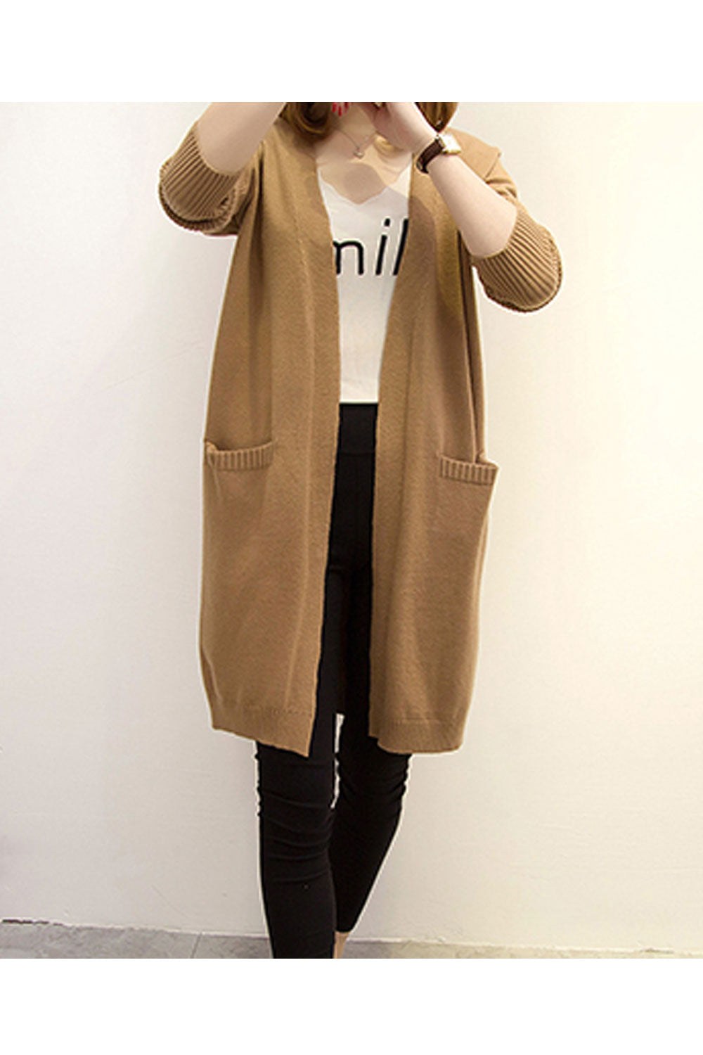Women Knitted Relax Fit Styled Solid Colored V-Neck Flap Pocket Mid Length Front Open Winter Warm Cardigan