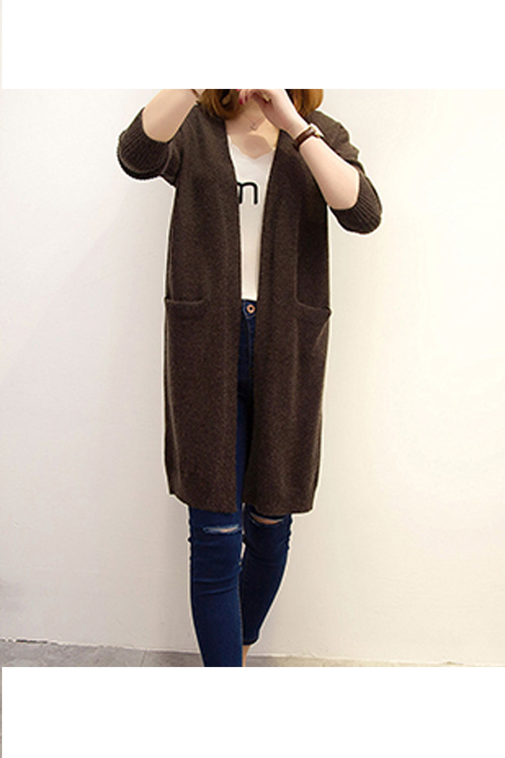 Women Knitted Relax Fit Styled Solid Colored V-Neck Flap Pocket Mid Length Front Open Winter Warm Cardigan