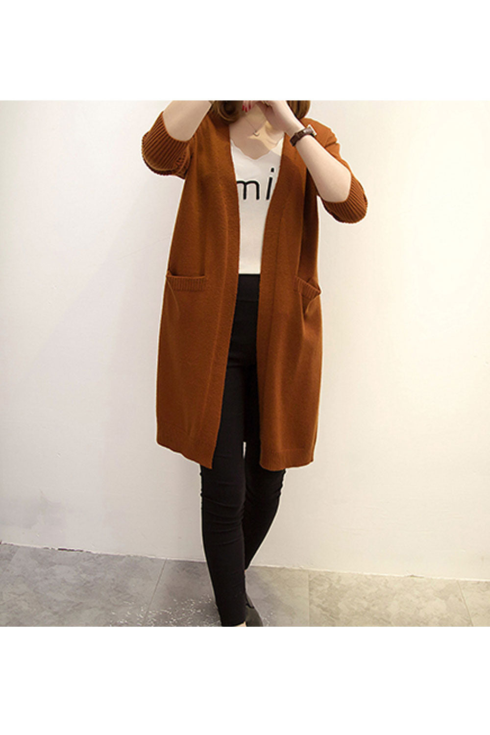 Women Knitted Relax Fit Styled Solid Colored V-Neck Flap Pocket Mid Length Front Open Winter Warm Cardigan