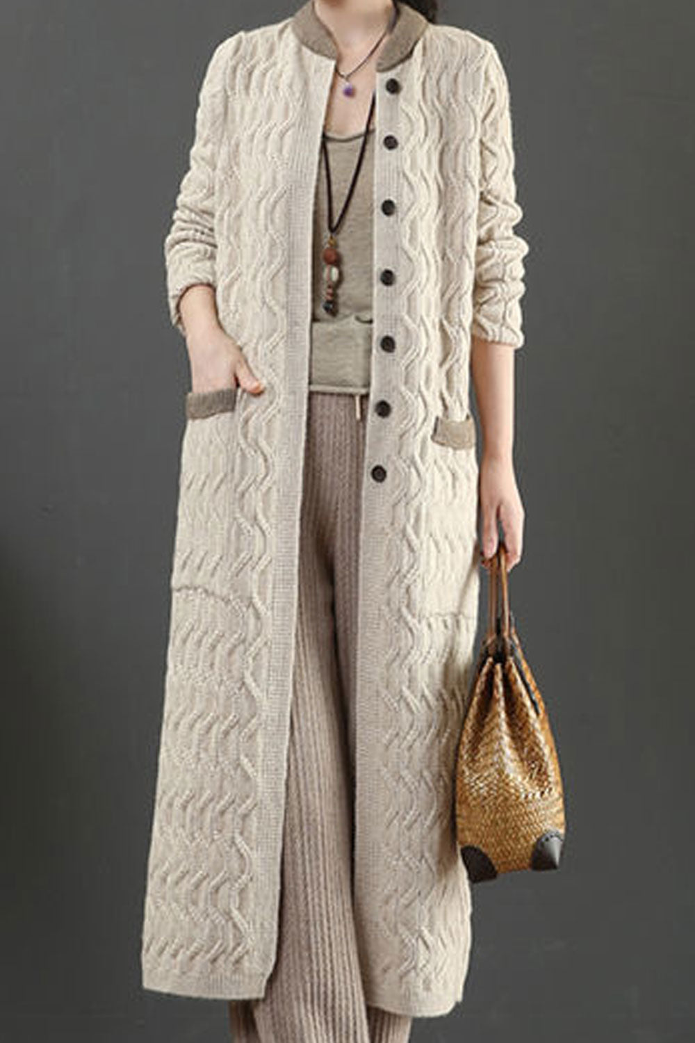 Women Warm Long Sleeve Comfortable Stand Up Collar Flap Pockets Mid Length Easy Button Closure Modern Styled Winter Cardigan