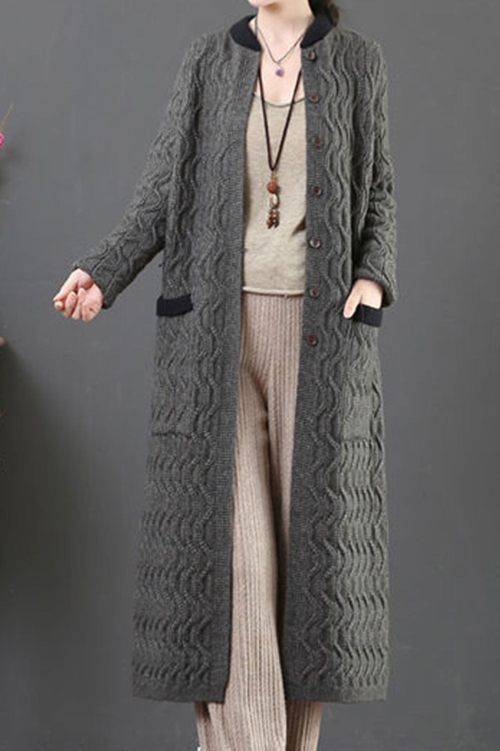 Women Warm Long Sleeve Comfortable Stand Up Collar Flap Pockets Mid Length Easy Button Closure Modern Styled Winter Cardigan