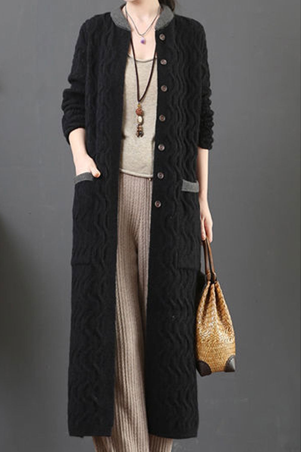 Women Warm Long Sleeve Comfortable Stand Up Collar Flap Pockets Mid Length Easy Button Closure Modern Styled Winter Cardigan
