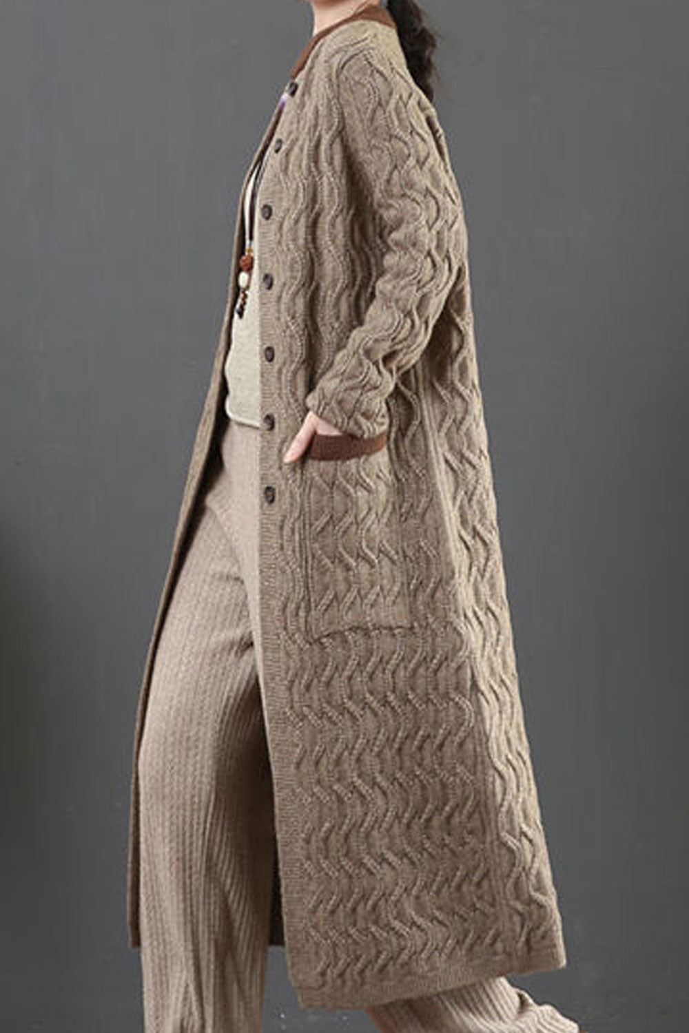 Women Warm Long Sleeve Comfortable Stand Up Collar Flap Pockets Mid Length Easy Button Closure Modern Styled Winter Cardigan