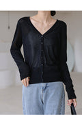 Women Long Sleeve Deep V-Neck Modern Styled Superb Solid Colored Thick Casual Button Closure Winter Cardigan