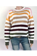 Women Amazing Striped Pattern Long Sleeve Round Neck Ribbed Hem Restful Pullover Winter Sweater