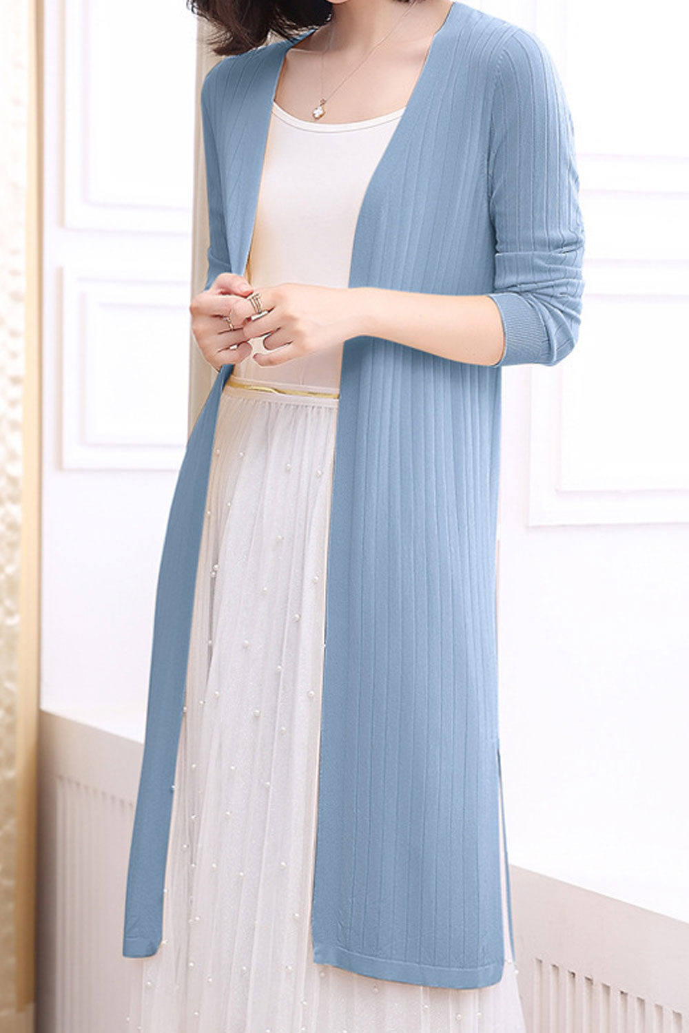 Women V-Neck Long Sleeve Mid Length Comfortable Relax Fit Alluring Solid Colored Front Open Elegant Cardigan