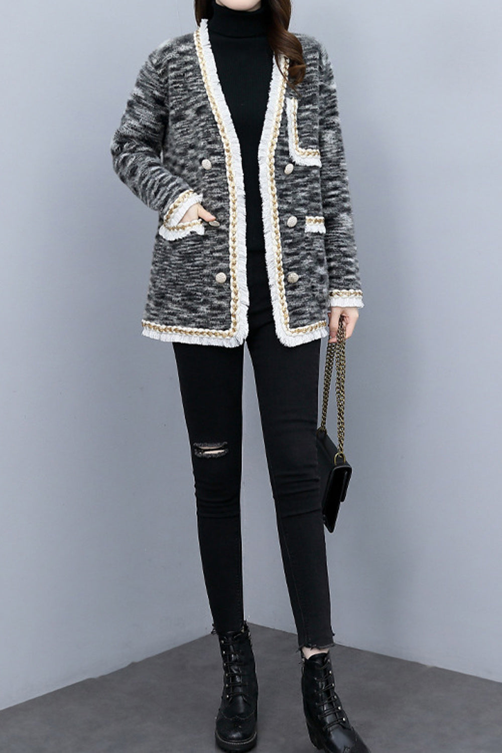 Women Loose Style Beautiful Solid Pattern V-Neck Thick Long Sleeve Flap Pockets Cozy Winter Cardigan