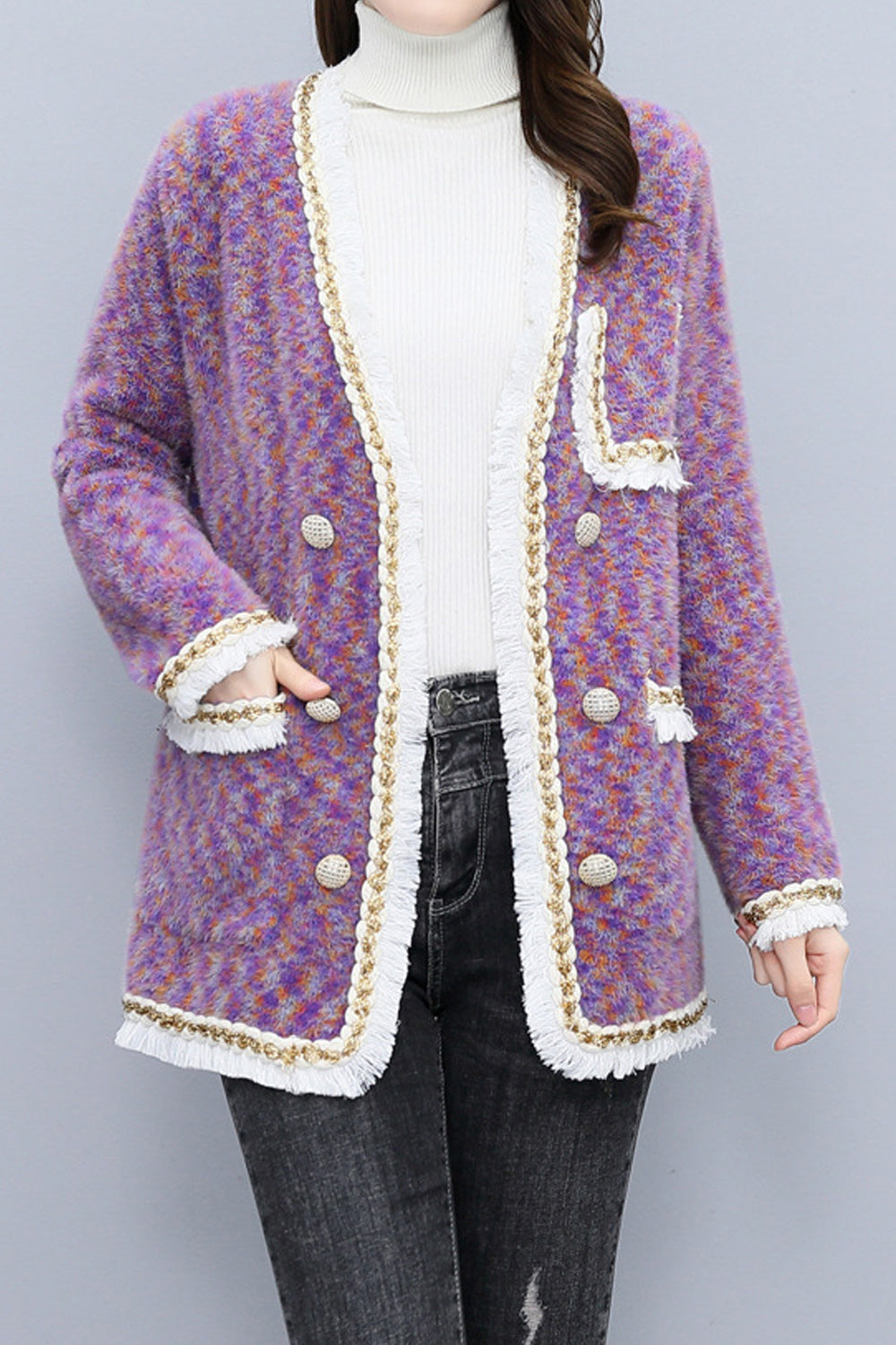 Women Loose Style Beautiful Solid Pattern V-Neck Thick Long Sleeve Flap Pockets Cozy Winter Cardigan