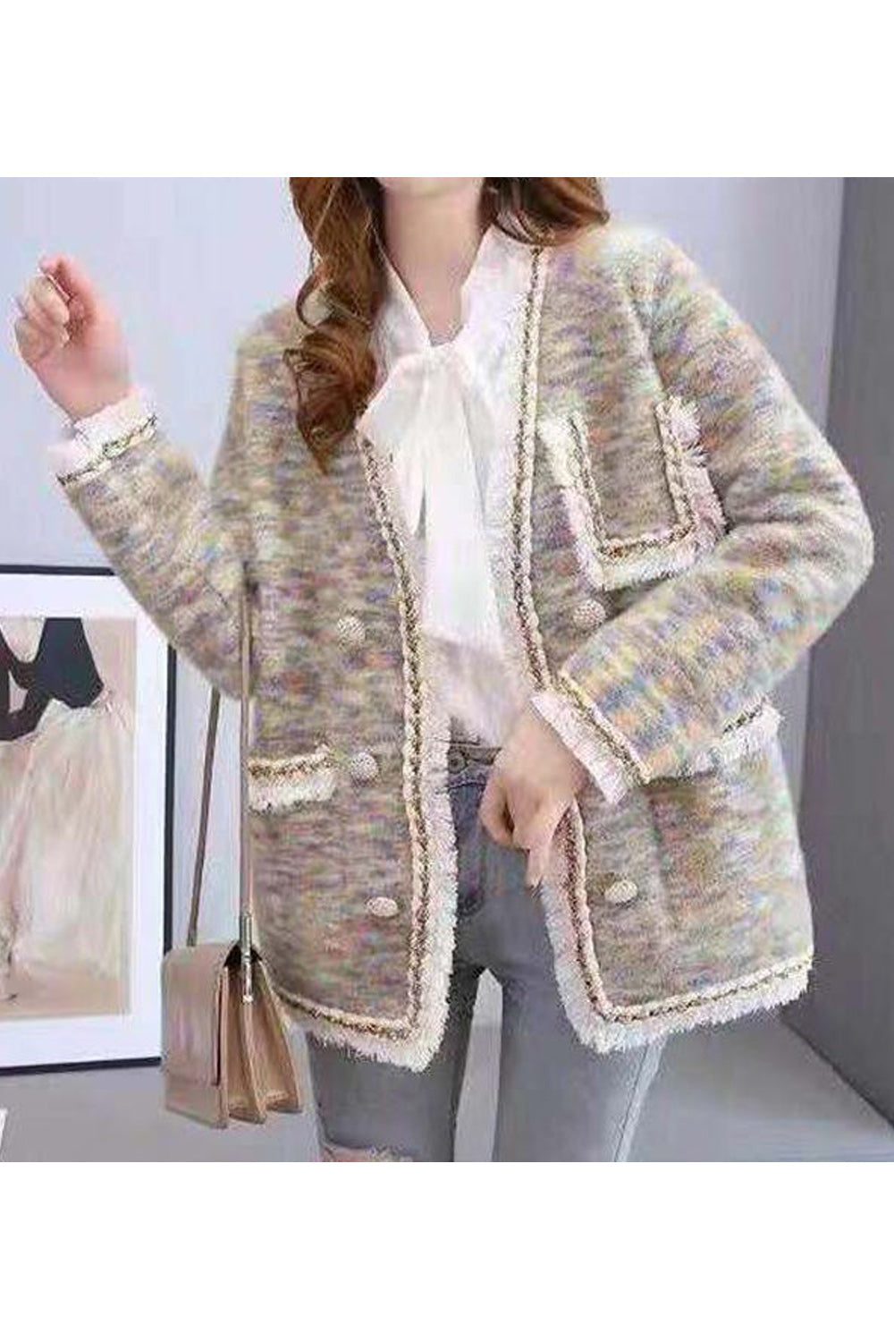 Women Loose Style Beautiful Solid Pattern V-Neck Thick Long Sleeve Flap Pockets Cozy Winter Cardigan