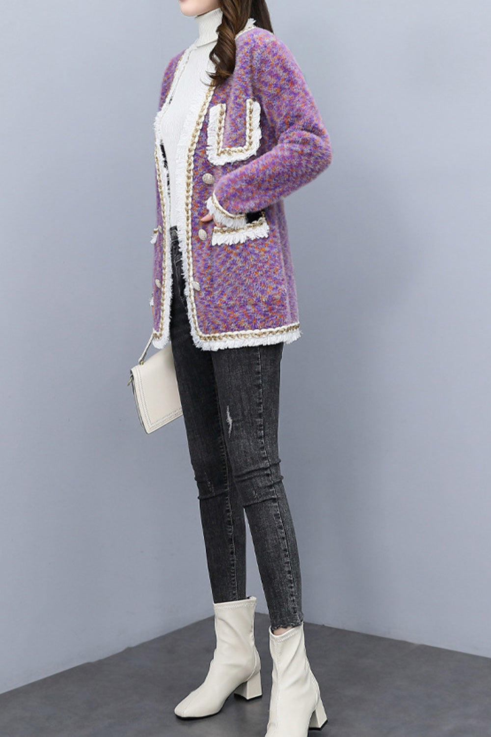 Women Loose Style Beautiful Solid Pattern V-Neck Thick Long Sleeve Flap Pockets Cozy Winter Cardigan
