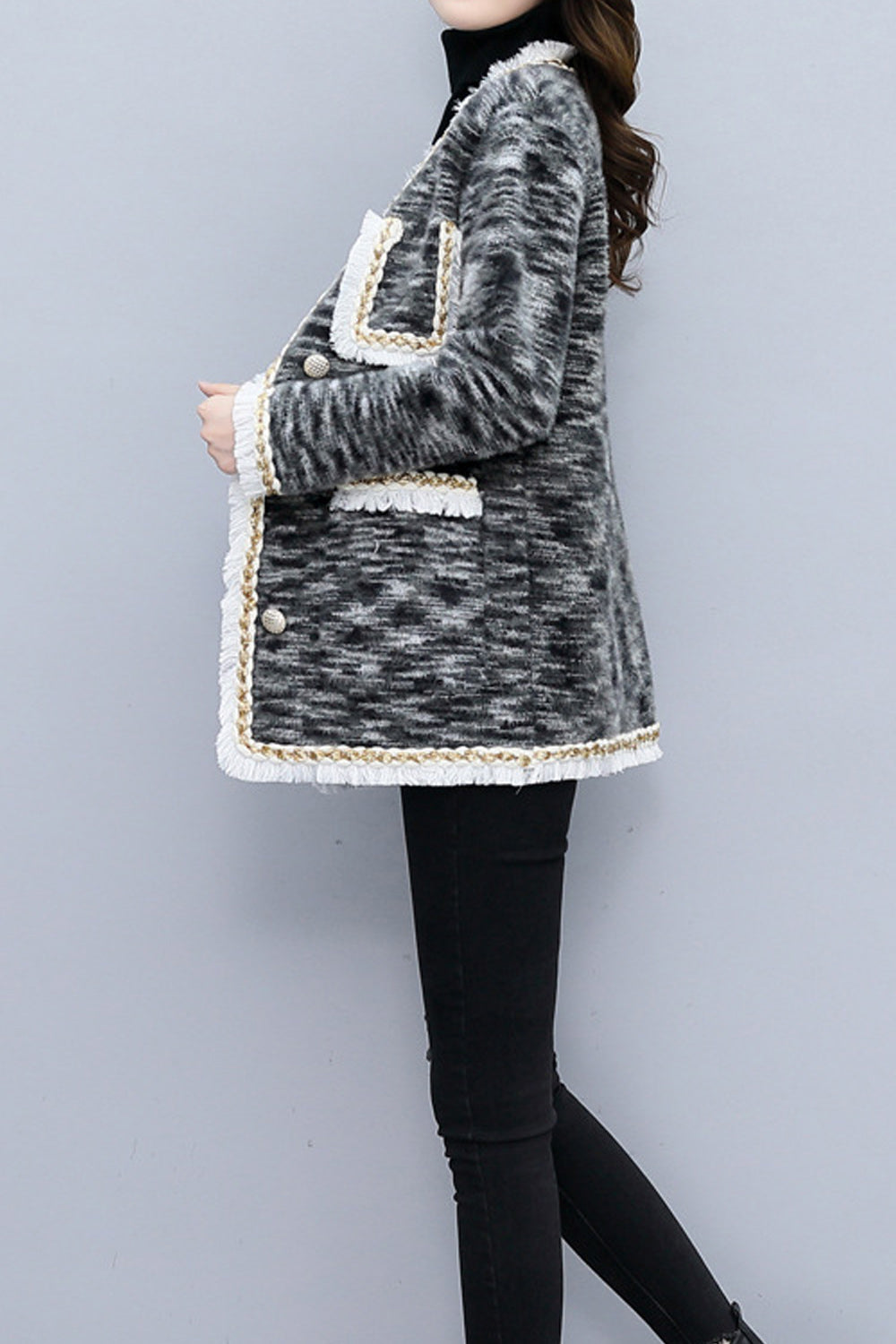 Women Loose Style Beautiful Solid Pattern V-Neck Thick Long Sleeve Flap Pockets Cozy Winter Cardigan
