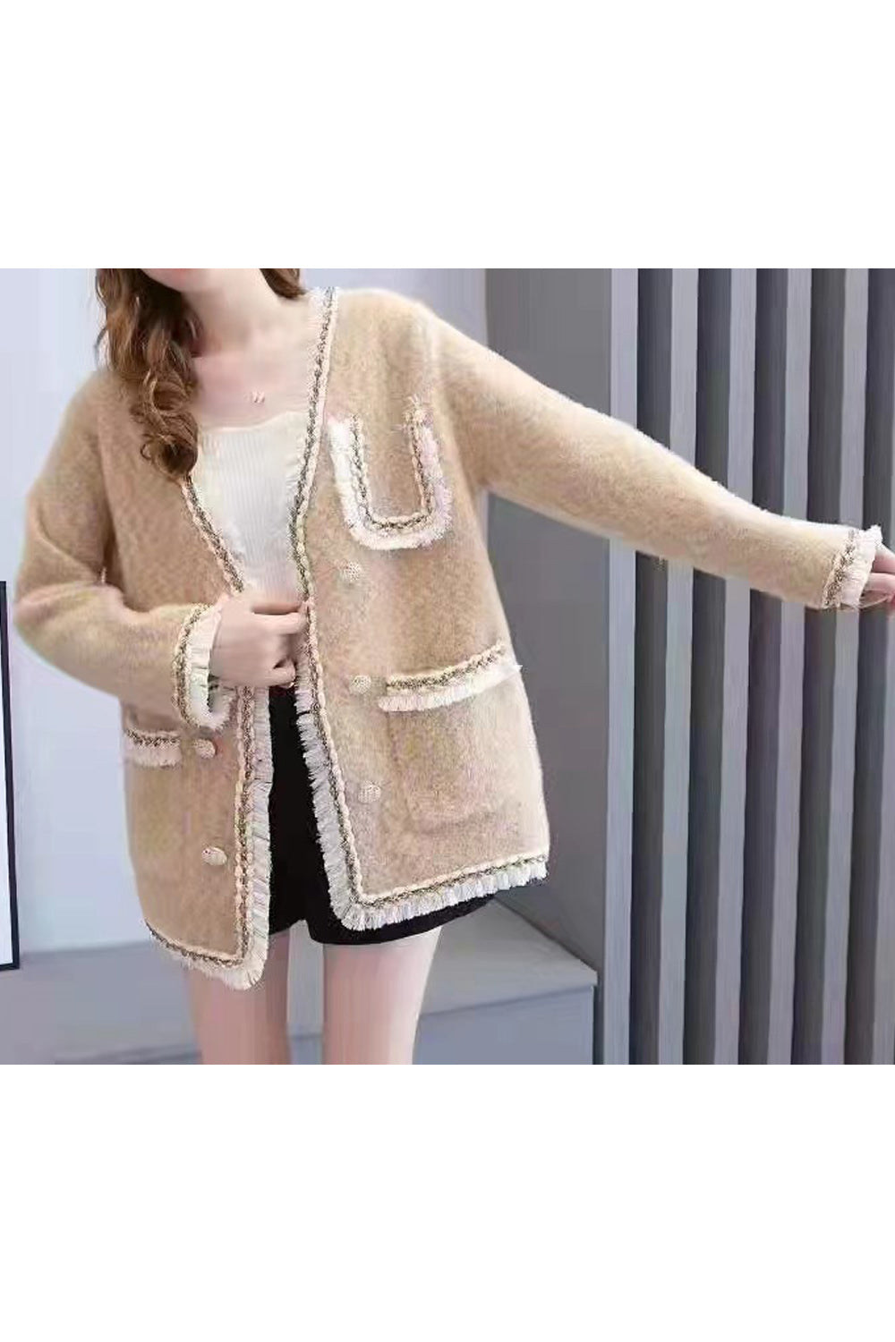 Women Loose Style Beautiful Solid Pattern V-Neck Thick Long Sleeve Flap Pockets Cozy Winter Cardigan