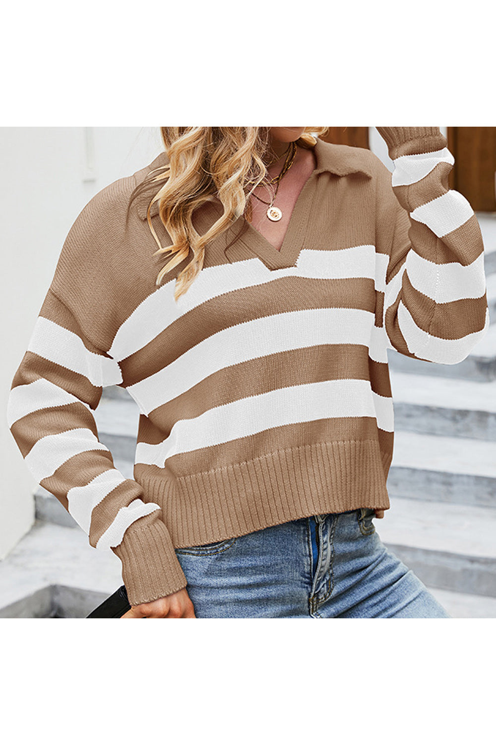 Women Alluring Striped Pattern Thick Long Sleeve Collar Neck Relax Fit Casual Winter Warm Pullover Sweater