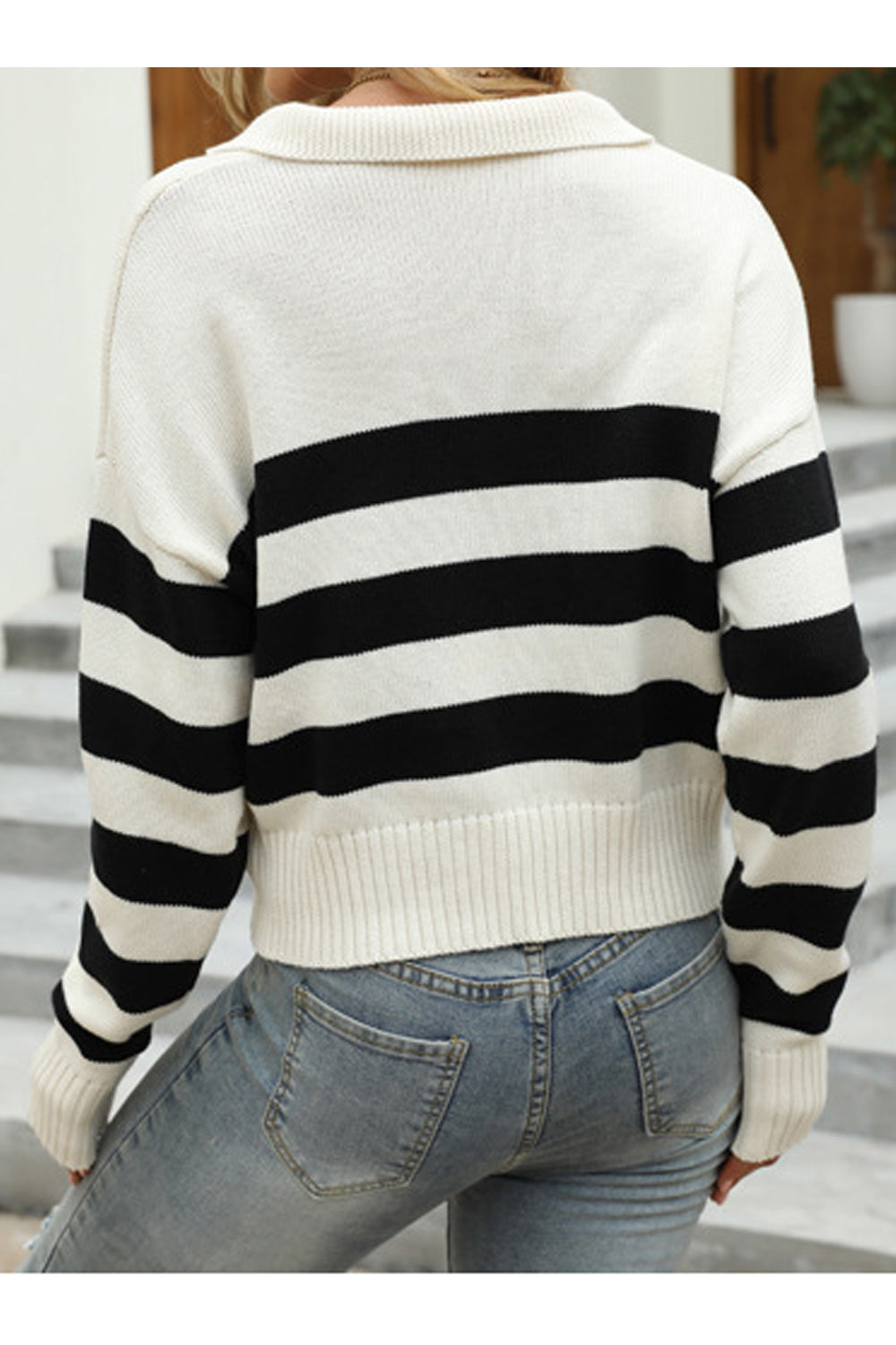 Women Alluring Striped Pattern Thick Long Sleeve Collar Neck Relax Fit Casual Winter Warm Pullover Sweater