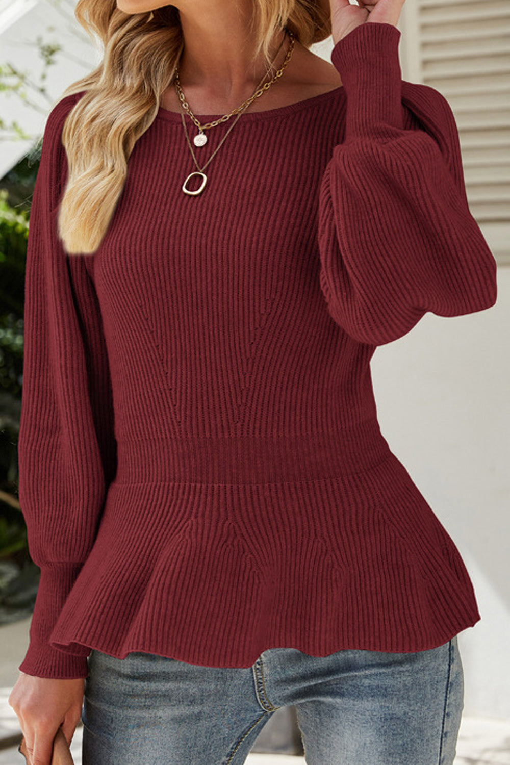 Women Knitted Outstanding Solid Colored Lantern Long Sleeve Round Neck Winter Pullover Sweater