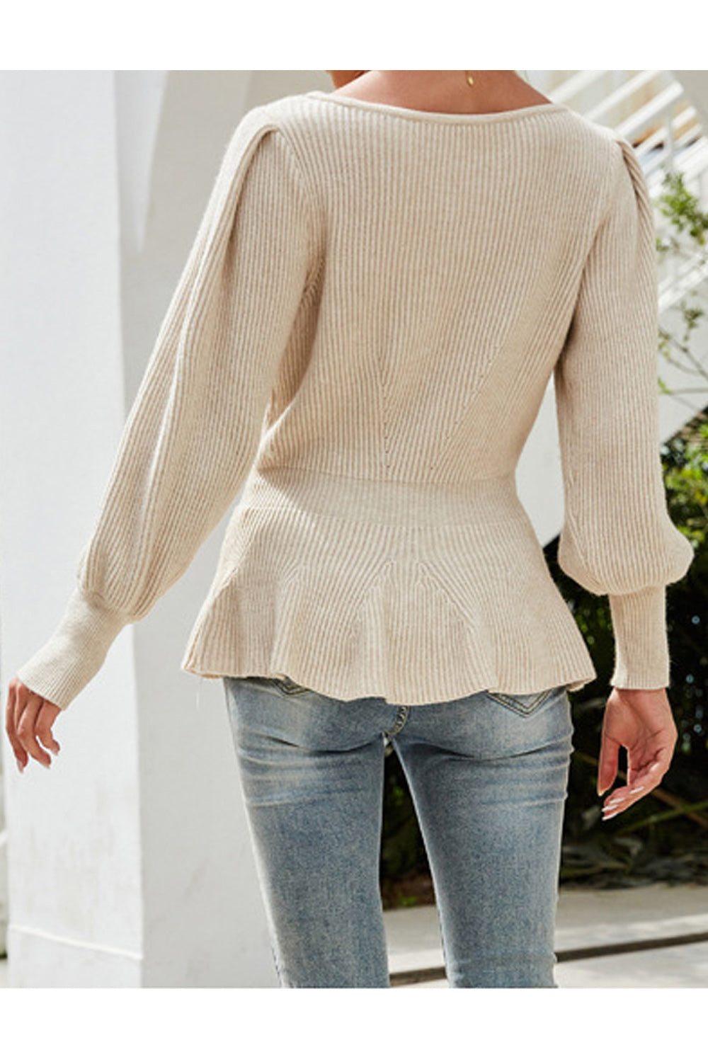 Women Knitted Outstanding Solid Colored Lantern Long Sleeve Round Neck Winter Pullover Sweater