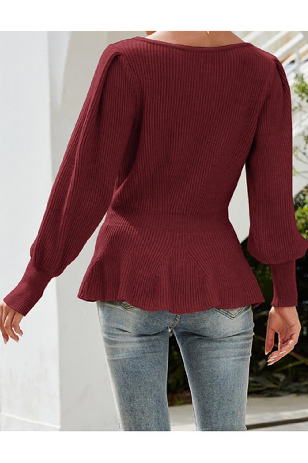 Women Knitted Outstanding Solid Colored Lantern Long Sleeve Round Neck Winter Pullover Sweater