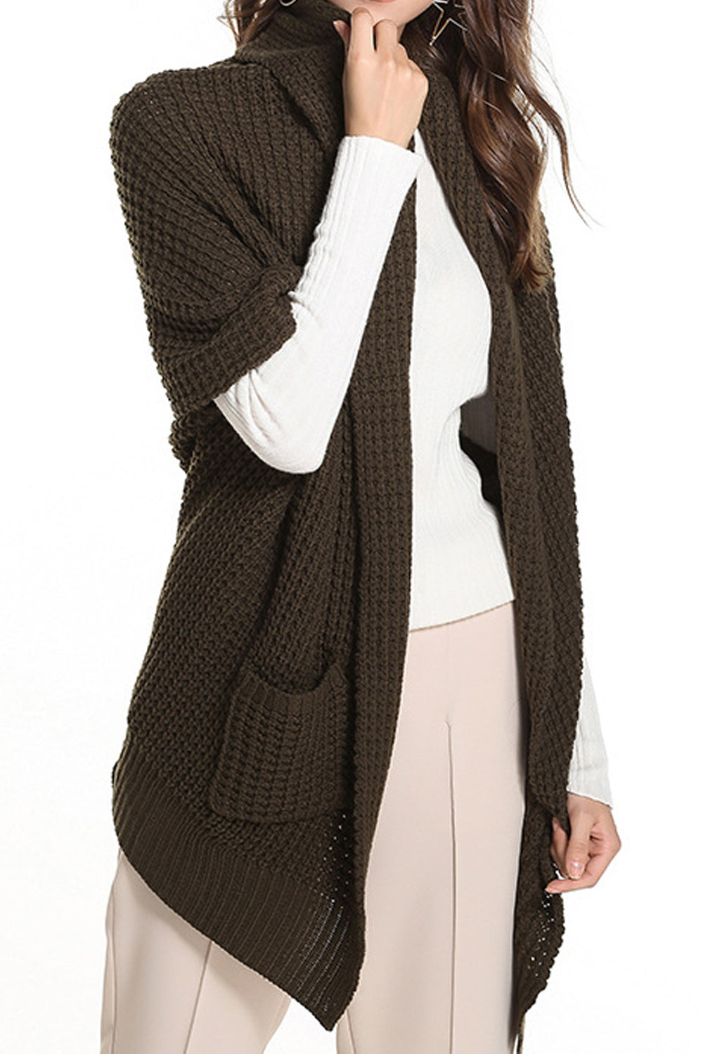 Women Knitted Short Sleeve Superb Solid Colored Flap Pockets Front Open Stylish Winter Cardigan