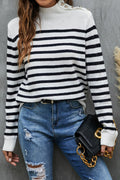 Women Comfortable Thick Long Sleeve Trendy Striped Pattern High Neck Stylish Winter Warm Pullover Sweater