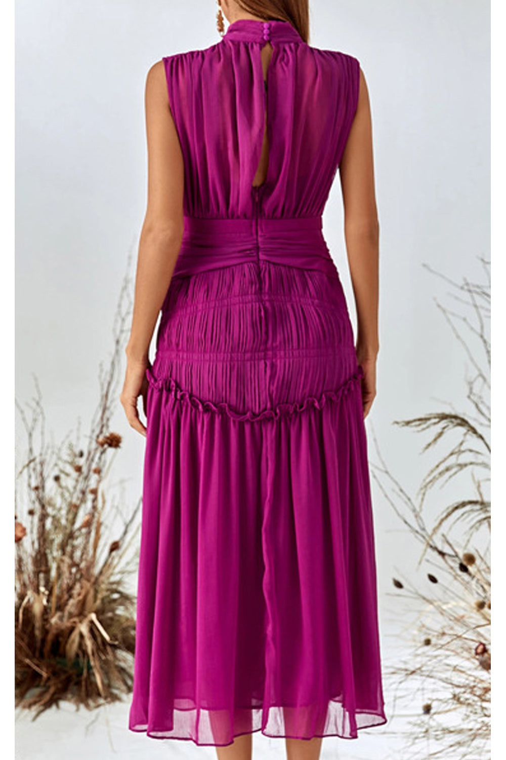 Women Comfortable Sleeveless Stand Up Collar Elegent Solid Colored Mid Length Pleated Hem Relax Fit Dress
