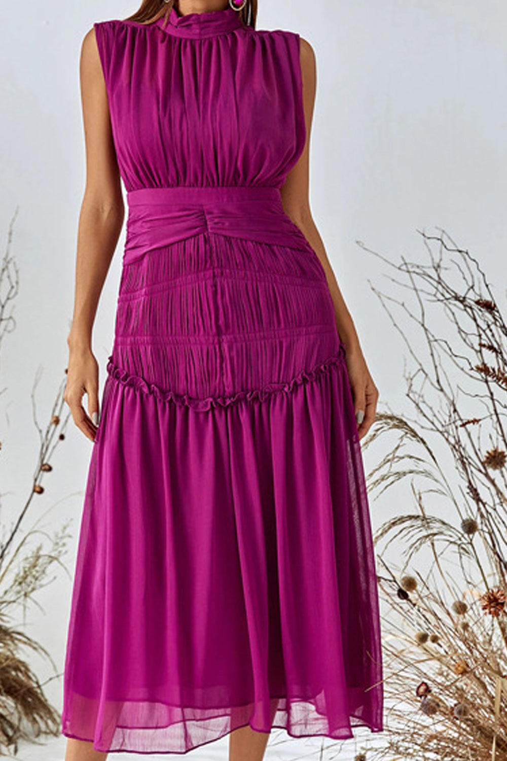 Women Comfortable Sleeveless Stand Up Collar Elegent Solid Colored Mid Length Pleated Hem Relax Fit Dress