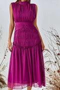 Women Comfortable Sleeveless Stand Up Collar Elegent Solid Colored Mid Length Pleated Hem Relax Fit Dress