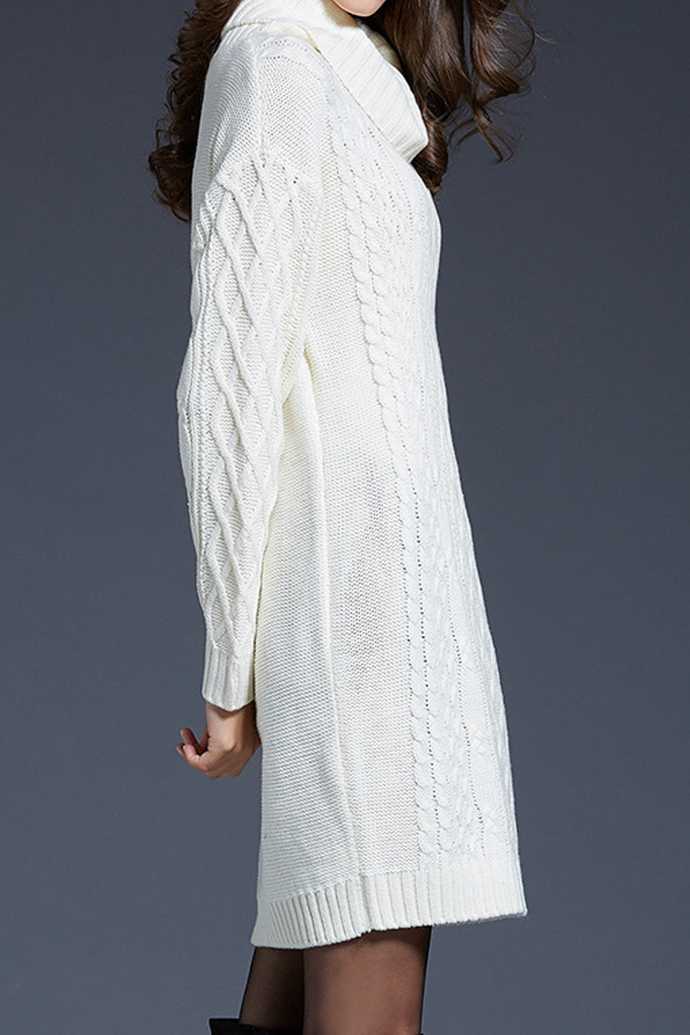 Women Alluring Solid Pattern Turtle Neck Thick Long Sleeve Above Knee Winter Comfortable Casual Pullover Dress