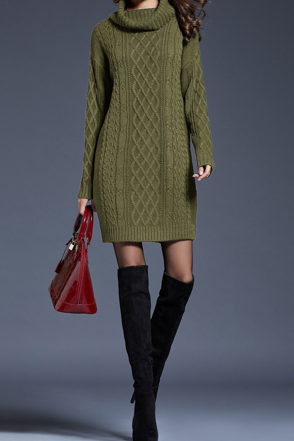 Women Alluring Solid Pattern Turtle Neck Thick Long Sleeve Above Knee Winter Comfortable Casual Pullover Dress