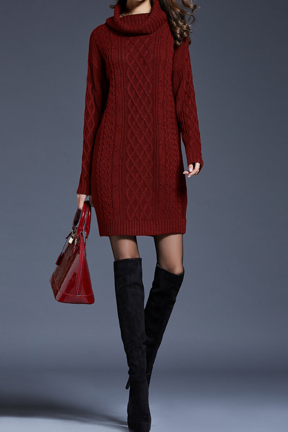Women Alluring Solid Pattern Turtle Neck Thick Long Sleeve Above Knee Winter Comfortable Casual Pullover Dress