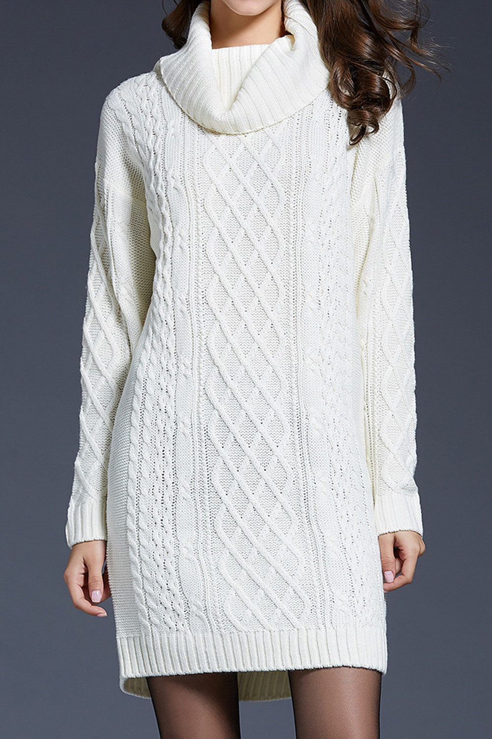 Women Alluring Solid Pattern Turtle Neck Thick Long Sleeve Above Knee Winter Comfortable Casual Pullover Dress