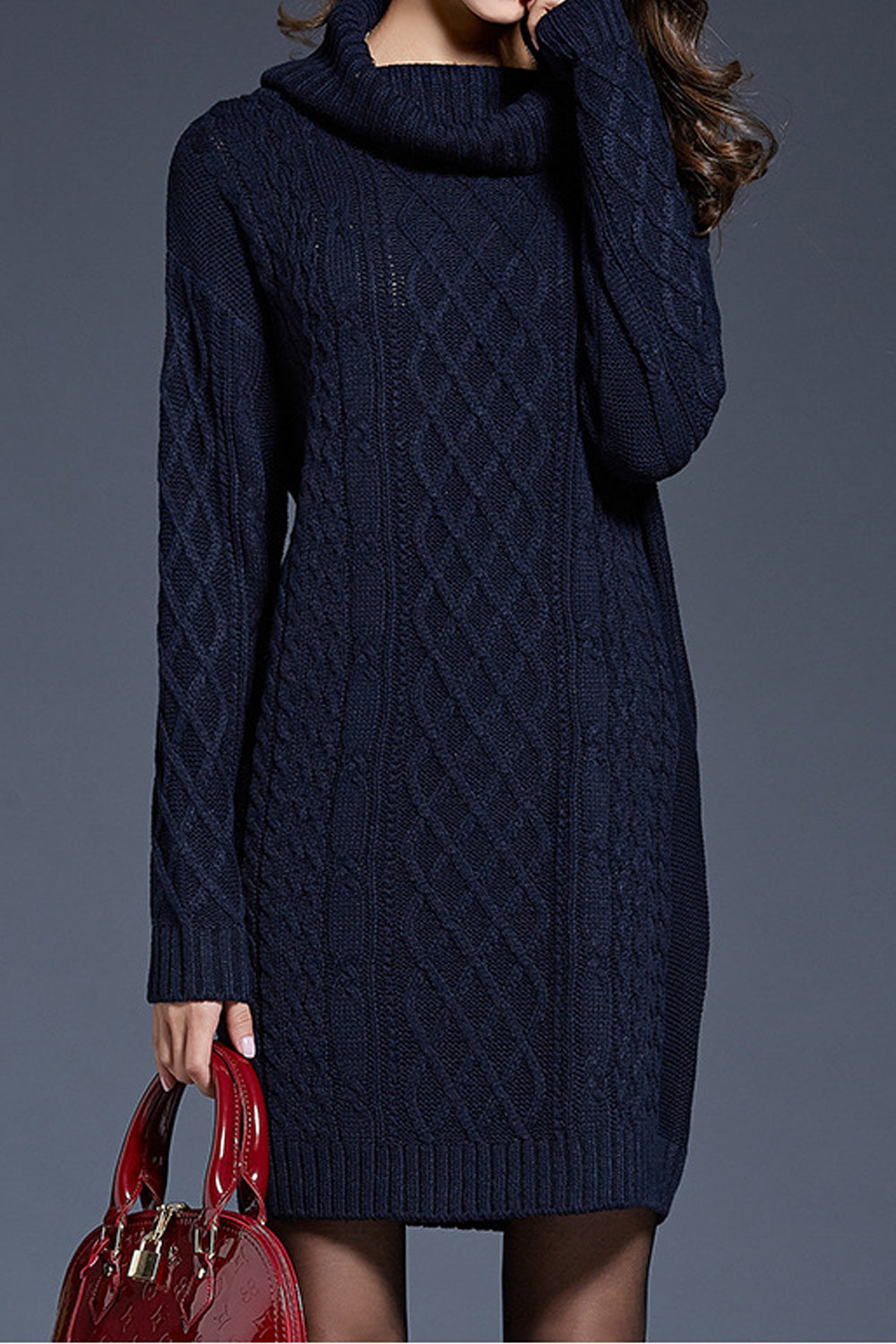 Women Alluring Solid Pattern Turtle Neck Thick Long Sleeve Above Knee Winter Comfortable Casual Pullover Dress