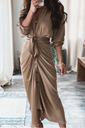 Women Trendy Solid Colored Pleated Mid-Waist Half Sleeve Deep V-Neck Mid Length Relax Fit Dress
