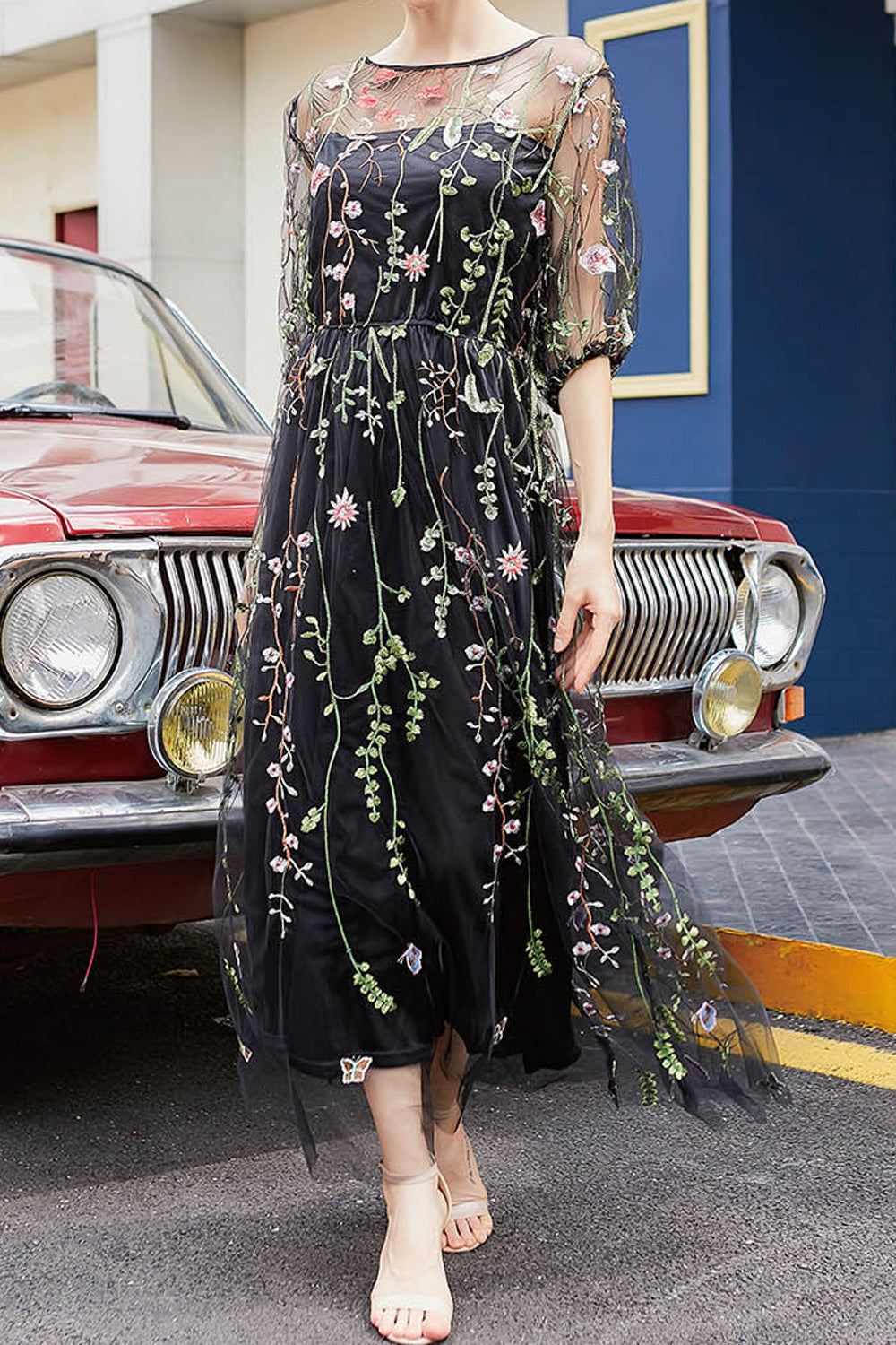 Women Splendid Floral Embroidered Elbow Sleeve Round Neck Long Length Comfortable Outgoing Dress