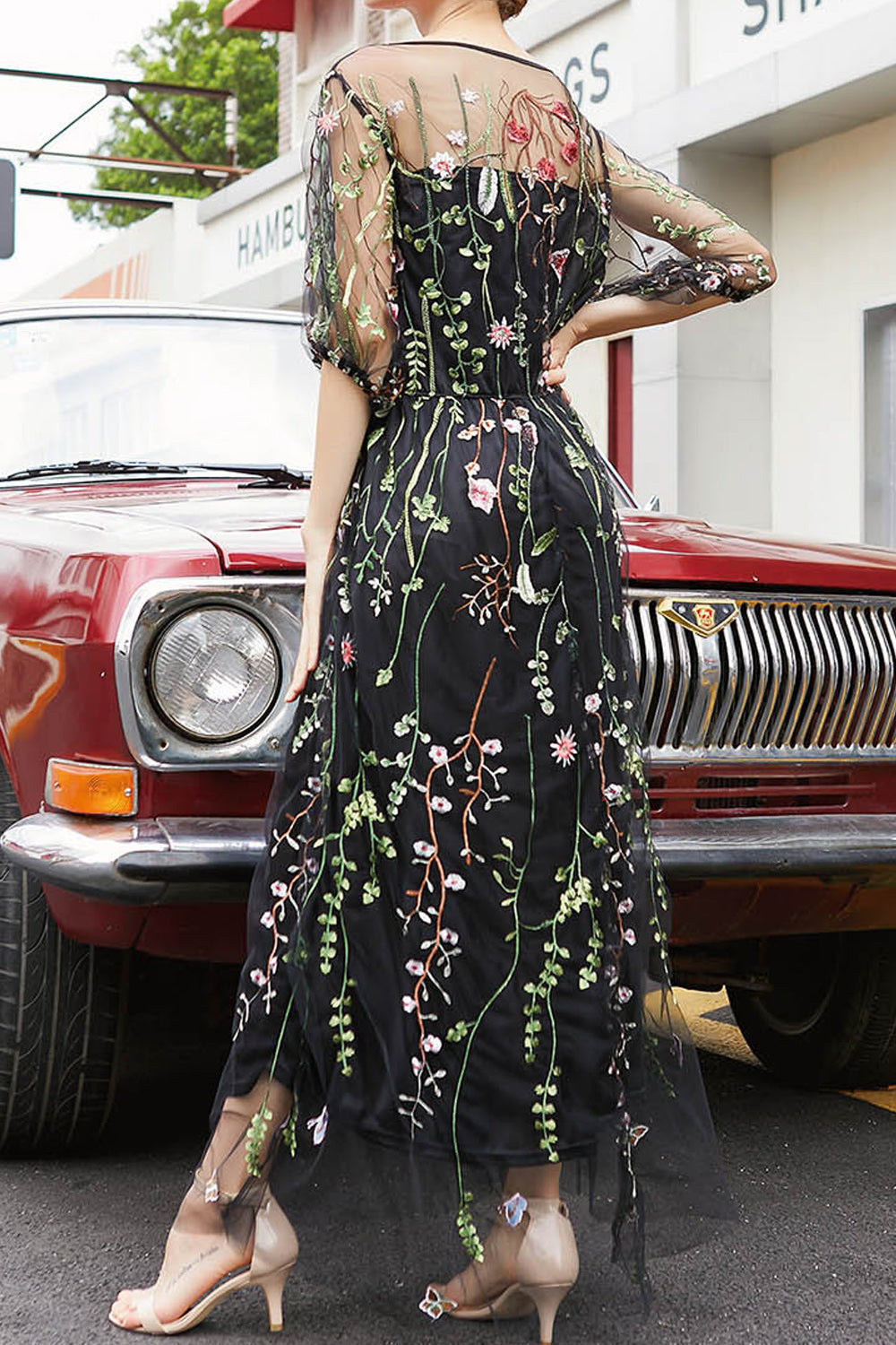 Women Splendid Floral Embroidered Elbow Sleeve Round Neck Long Length Comfortable Outgoing Dress