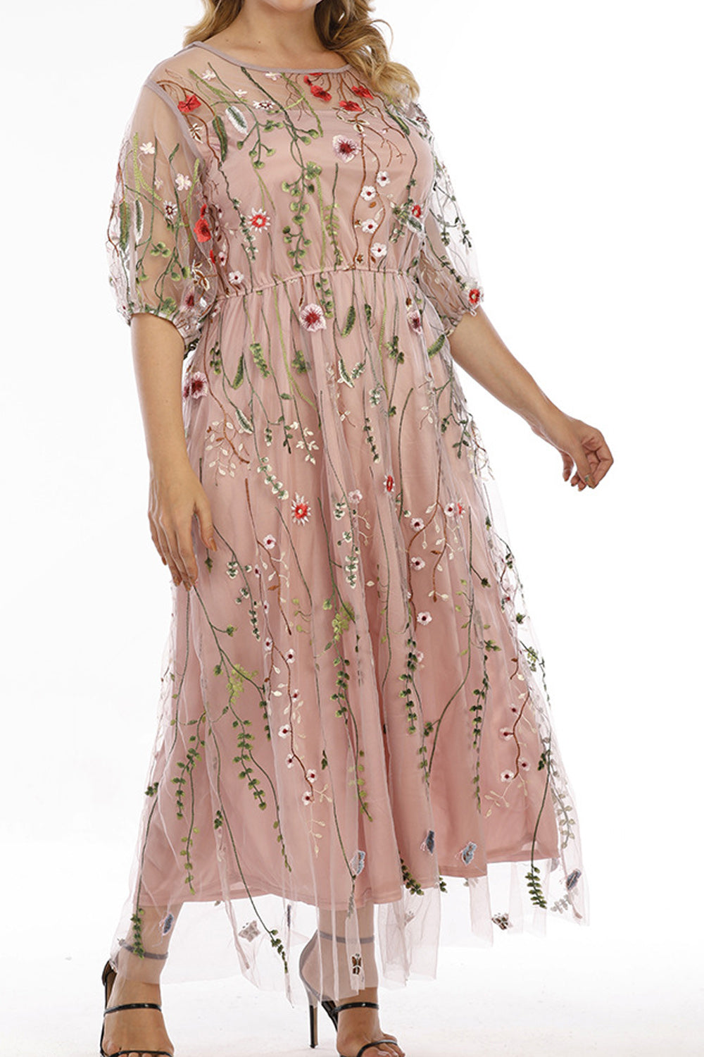 Women Splendid Floral Embroidered Elbow Sleeve Round Neck Long Length Comfortable Outgoing Dress