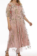 Women Splendid Floral Embroidered Elbow Sleeve Round Neck Long Length Comfortable Outgoing Dress