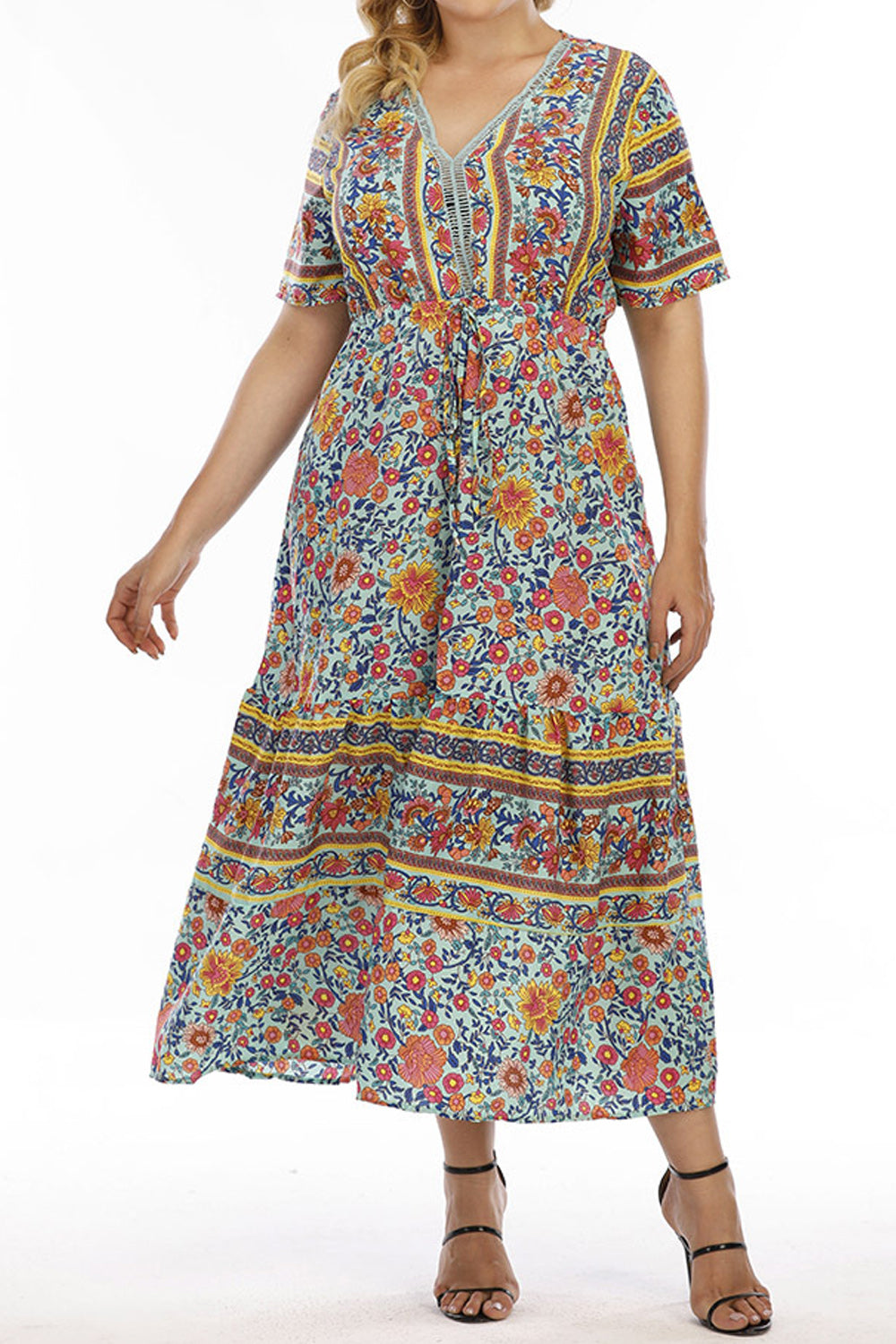 Women Comfortable Short Sleeve Easy V-Neck Awesome Floral Pattern Long Length Beautiful Casual Dress