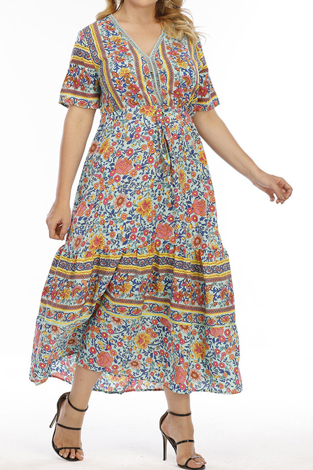 Women Comfortable Short Sleeve Easy V-Neck Awesome Floral Pattern Long Length Beautiful Casual Dress