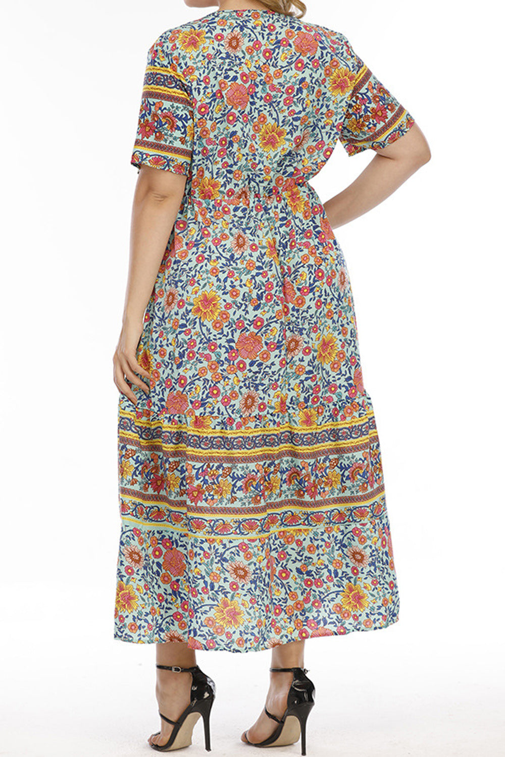 Women Comfortable Short Sleeve Easy V-Neck Awesome Floral Pattern Long Length Beautiful Casual Dress