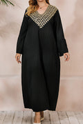 Women Elegent Solid Colored Superb Lace Embroidered Trumped Long Sleeve V-Neck Long Length Dress