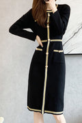 Women Amazing Round Neck Beautiful Striped Pattern Knee Length Long Sleeve Winter Warm Party Dress