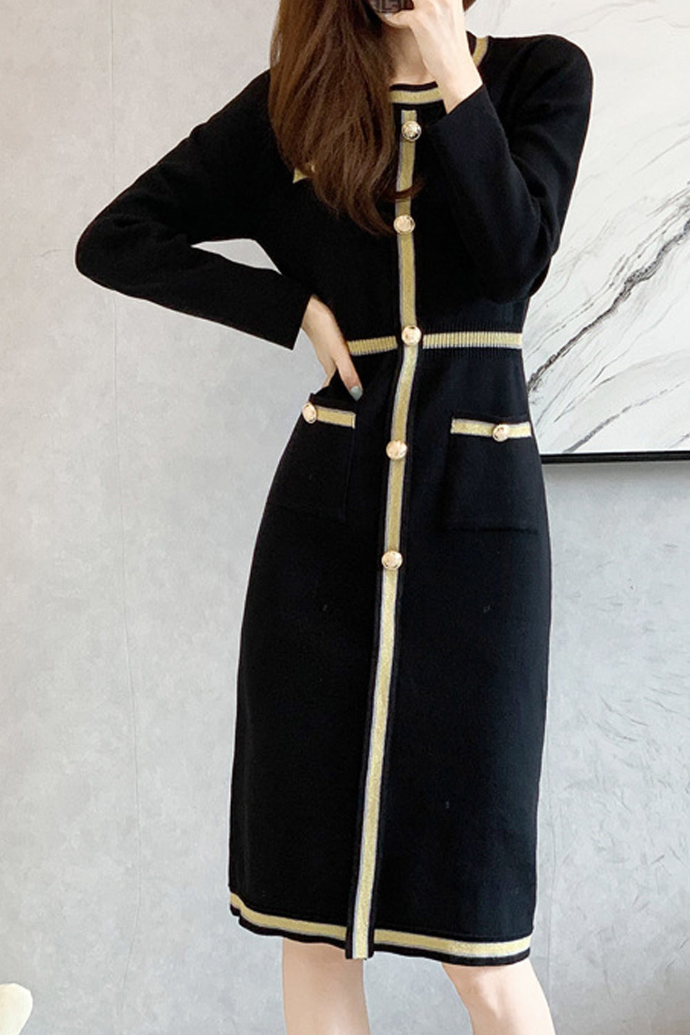 Women Amazing Round Neck Beautiful Striped Pattern Knee Length Long Sleeve Winter Warm Party Dress