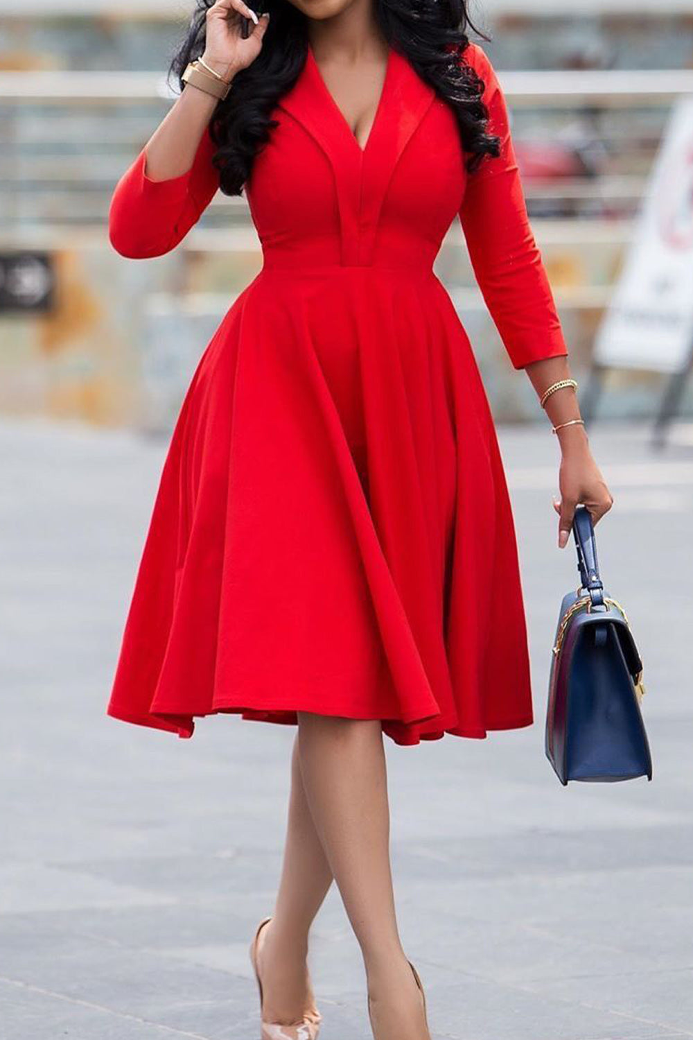 Women Decent Solid Colored Elbow Sleeve V-Neck Knee Length Slim Waist Comfortable Party Dress