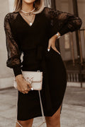Women Comfortable V-Neck Superb Flower Lace Pattern Long Sleeve Slit Styled Knee Length Relax Fit Winter Warm Party Dress