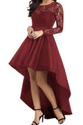 Women Awesome Lace Pattern Long Sleeve Round Neck Slim Waist Irregular Winter Party Dress
