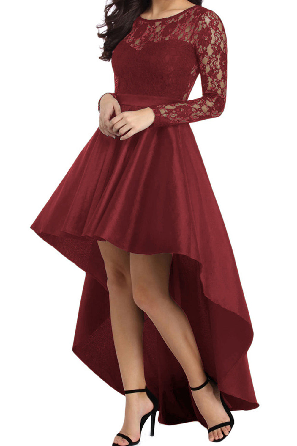 Women Awesome Lace Pattern Long Sleeve Round Neck Slim Waist Irregular Winter Party Dress