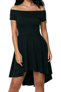 Women Elegent Solid Colored Short Sleeve Off Shoulder Slim Waist Irregular Hem Abouve Knee Party Dress