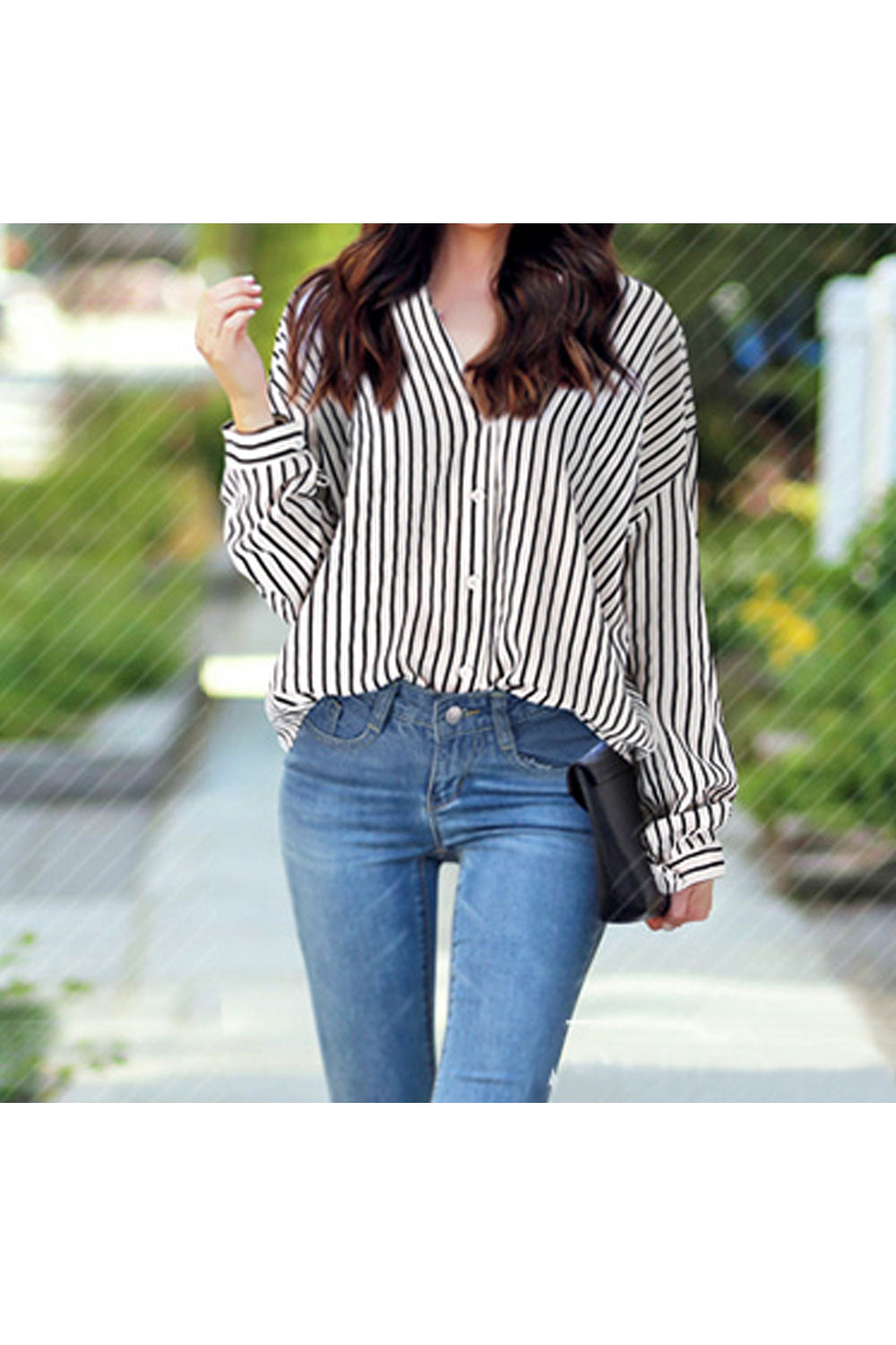 Women Superb Striped Pattern Loose Long Sleeve Deep V-Neck Button Closure Casual Shirt
