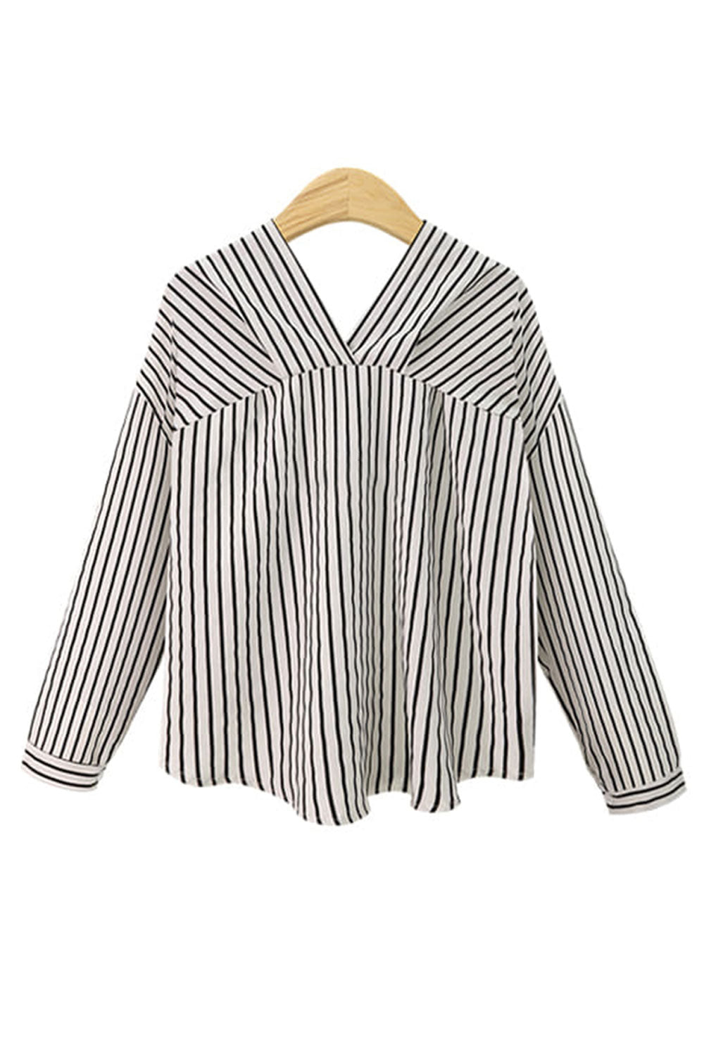 Women Superb Striped Pattern Loose Long Sleeve Deep V-Neck Button Closure Casual Shirt